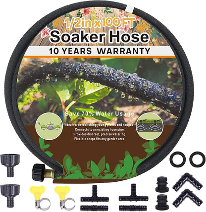 1/2’’ Soaker Hose 100 ft for Garden Beds, Heavy Duty Soaker Hoses with Kits for Water Saving, Rubber Garden Watering Hose 100 Foot Drip Irrigation Hose System (100 feet)