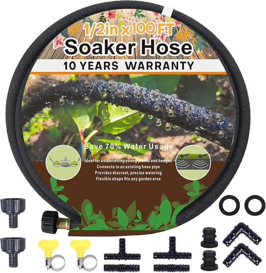 1/2’’ Soaker Hose 100 ft for Garden Beds, Heavy Duty Soaker Hoses with Kits for Water Saving, Rubber Garden Watering Hose 100 Foot Drip Irrigation Hose System (100 feet)