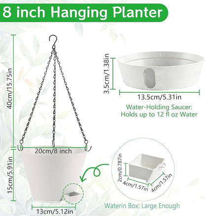 8 Inch Hanging Planters Indoor Outdoor, 3 Pack Plastic Self Watering Plant Pots with Drainage Holes & Saucers, Hanging Baskets Flower Pots with Chain for Ivy, Spider Plant, Pothos, Ferns