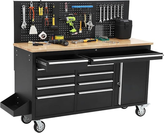 PeakPursuit 61" Rolling Tool Chest with 10 Drawers, Workbench Cabinet with Power Strip, Solid Rubber Wood Top, Pegboard, 1675 LBS Load, Mobile Heavy Duty Garage Storage, Locking Wheels, Black