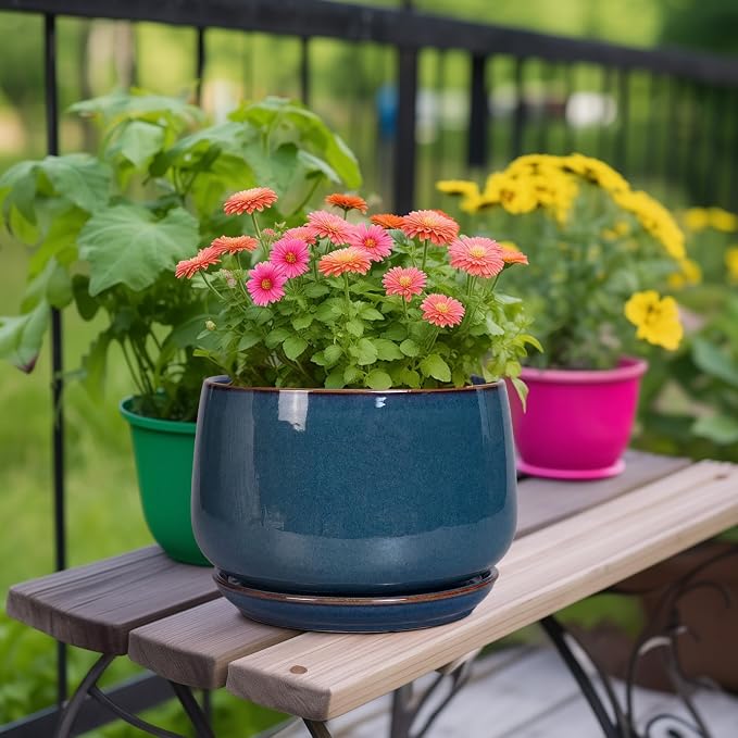 G EPGardening Ceramic Plant Pots - 9 Inch Round Modern Planter Indoor with Drainage and Tray for Indoor Outdoor Flower, Office Decor, Gardening Gifts, Retro Blue