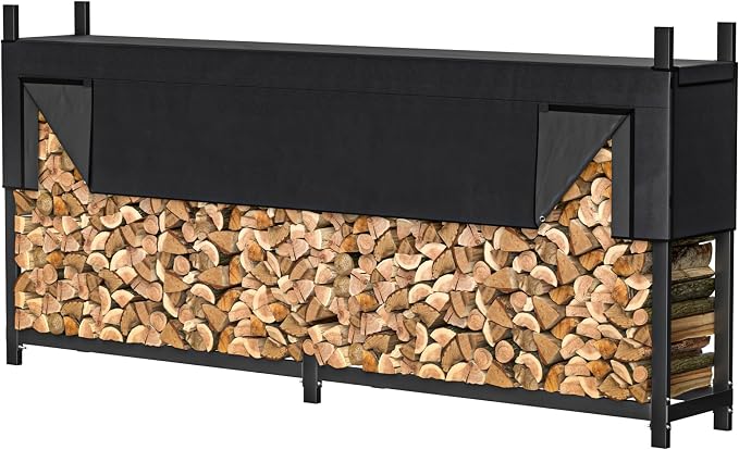 WALMANN Heavy-Duty 8 ft Firewood Rack with Waterproof Cover & Firewood Carry Bag, Outdoor Indoor Wood Log Holder for Fireplace, Patio & Porch, Sturdy Steel Fire Wood Storage Stand