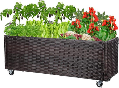 Raised Garden Bed with Wheels - Rattan Wicker Elevated Raised Garden Bed Outdoor Raised Planter Box for Vegetables Grass Lawn Yard, 38 x 14.5 x 12 in, Brown