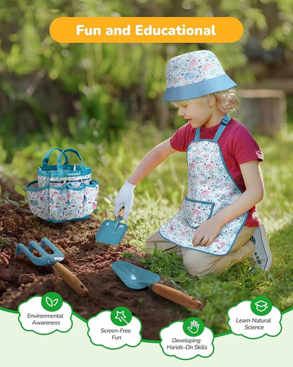 Grenebo Kids Gardening Set Toys, Quality Garden Tool Kit for Kids and Toddlers, Includes Two Shovels, Garden hat,Rake, Apron,Gloves, Watering Can, and Tool Bag (Blue)