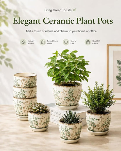 Retro Ceramic Garden Pots, 5.8 Inch Plant Pots with Drainage and Attached Saucer Set of 4, Chinoiserie Floral Large Flower Pots for Home Decor, Plant Lover Gifts, White Green