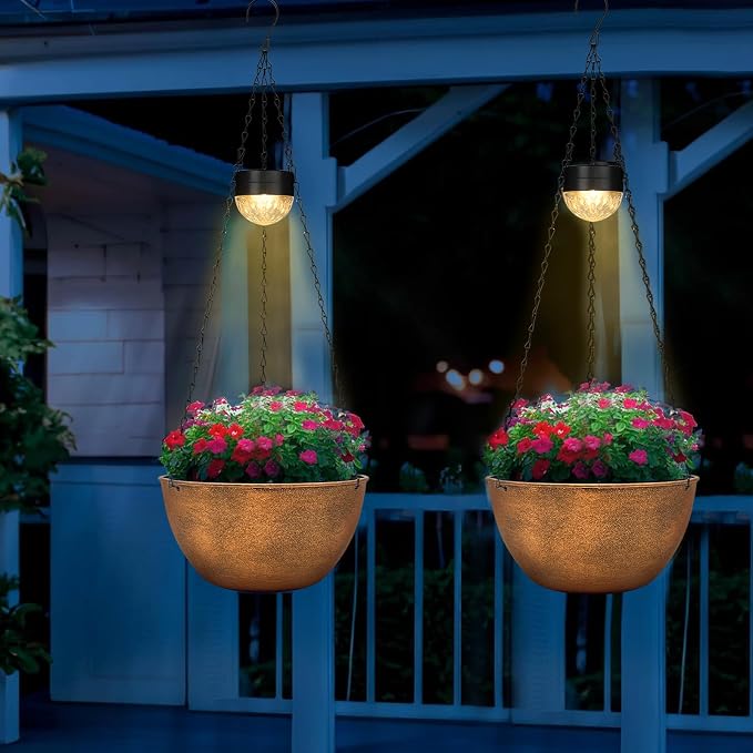 SUNNYPARK 2 Pack Solar Hanging Planters for Plants Outdoor | Self Watering, Bronze Flower Pots with Solar Light, Hanging Garden Planters with Drainer for Balcony Patio Outdoor Decor