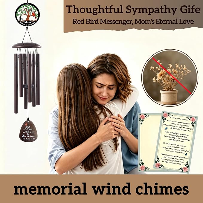 40" Memorial Wind Chimes for Loss of Mother, Memorial Gifts for Loss of Mom, Tree Holds Mother’s Love, Cardinal Carries Longing, Silhouette Captures Mother-Daughter Time, Cardinal Wind Chime