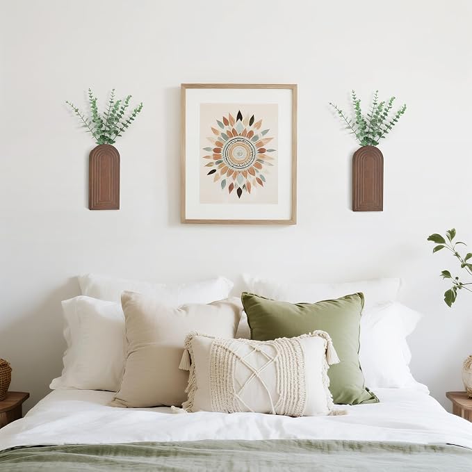 Dahey Wood Wall Vase Planter with Artificial Eucalyptus, 2 Pack Hanging Planter for Indoor Fake Plants Modern Boho Farmhouse Wall Art Decor for Bathroom Bedroom Kitchen Office Home Decoration, Brown