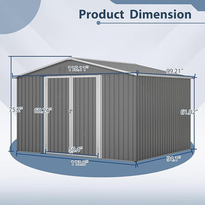 PVWIIK 10x8 FT Large Outdoor Metal Storage Shed, Heavy Duty Waterproof Steel Garden Tool Shed with Lockable Doors, Utility Storage Building for Backyard Patio Lawn Garden, Grey