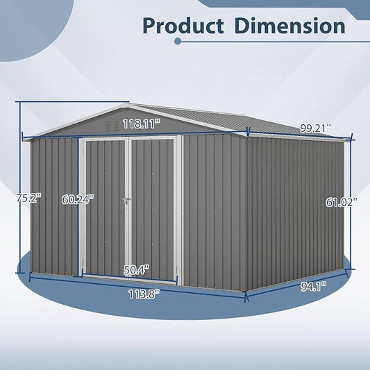 PVWIIK 10x8 FT Large Outdoor Metal Storage Shed, Heavy Duty Waterproof Steel Garden Tool Shed with Lockable Doors, Utility Storage Building for Backyard Patio Lawn Garden, Grey