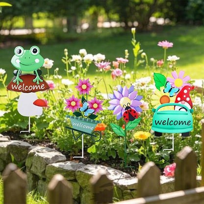Welcome Decorative Garden Stakes, 4Pcs Flower Metal Yard Signs with Frog, Mushroom, Gnome, Butterfly and Ladybug, Garden Stakes for Spring Decor,Outdoor Lawn Yard Art Gift for Mom
