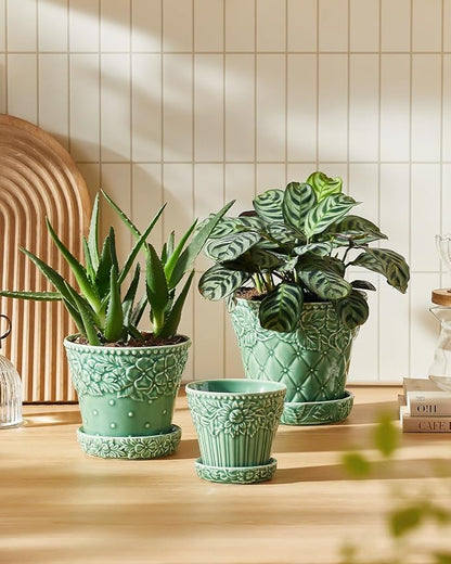 Metahom Succulent Ceramic Pots, 3.8 Inch Small Plant Pots with Drainage Hole & Saucer, Flower Planter Pot for Indoor Plants Cacti, Home Decor, Set of 4, Green