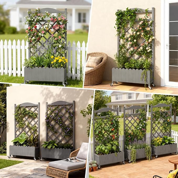 COMHOMA Planter Box with Trellis and Wheels, 48In Elevated Raised Garden Bed, Drainage Holes, Outdoor Lattice for Climbing Flowers, Vegetables, Patio Balcony, Gray