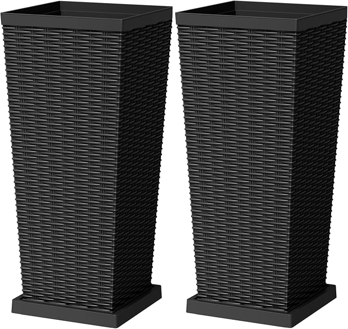Greesum Set of 2 Tall Plastic Planters with Saucer, 30 Inch Large Pots with Drainage Trays, Weather-Resistant Plastic Plant Containers for Patio, Porch, Garden,Black