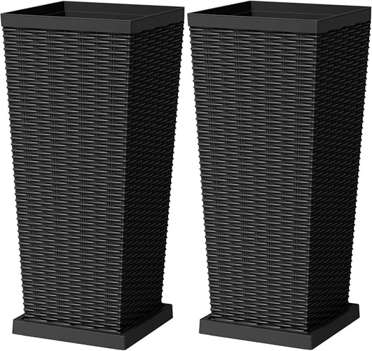 Greesum Set of 2 Tall Plastic Planters with Saucer, 30 Inch Large Pots with Drainage Trays, Weather-Resistant Plastic Plant Containers for Patio, Porch, Garden,Black