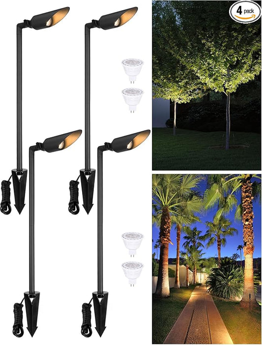 LEONLITE 24 Inch Low Voltage Landscape Spotlight, 12V LED Outdoor Landscape Lighting, with 7W 3000K MR16 Bulbs, Max 50W GU5.3 Base, Die-Cast Aluminum Uplighting for Garden Tree Yard, Black, Pack of 4