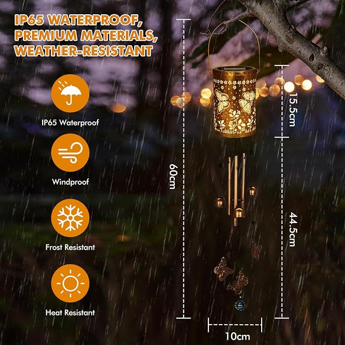 Solar Wind Chimes for Outside - Retro Metal Hanging Solar Lantern for Garden, Patio Decor, IP65 Waterproof Solar Powered Light - Perfect Birthday, for Women(Butterfly)