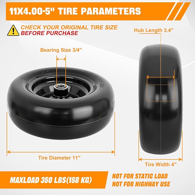 Yesker 11x4.00-5 Flat Free Lawn Mower Tire and Wheel Assembly with 3/4" Bearing Bore, 11x4-5nhs Solid Riding Lawnmower Tires with 3.4" Center Hub, 2 Pack