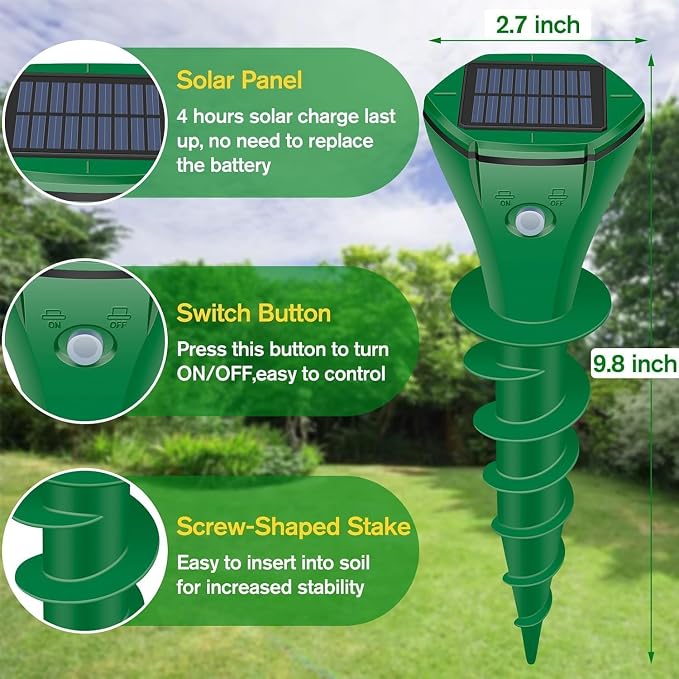 Ultrasonic Mole Repellent Outdoor, Gopher Repeller Solar Powered for Lawn Garden Yard, Mole and Vole Repellent Waterproof, Effectively Repels Gophers Snake Chipmunks Groundhogs-4 Pack-Green