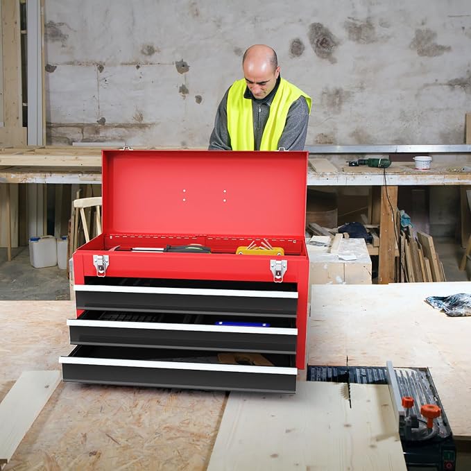 Goplus Tool Box with 3 Drawers, 4-Tier 20.5" Portable Tool Chest Organizer with Top Tool Tray, Auto Lock, Protective Liner, Handle, Steel Metal Small Toolbox for Gargae, Workshop, Home