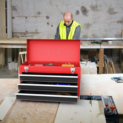 Goplus Tool Box with 3 Drawers, 4-Tier 20.5" Portable Tool Chest Organizer with Top Tool Tray, Auto Lock, Protective Liner, Handle, Steel Metal Small Toolbox for Gargae, Workshop, Home