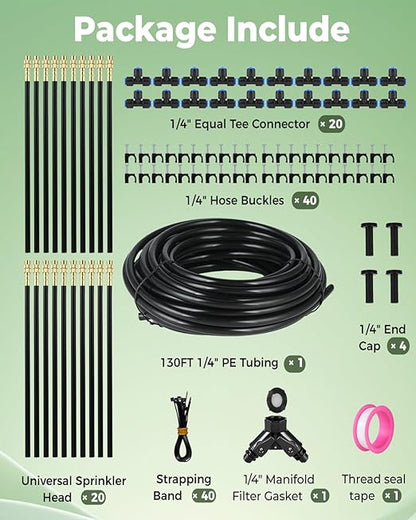130FT Drip Irrigation System for Garden: 20 Nozzles 1/4" PE Tubing Automatic Watering Kit Adjustable Misting Sprinkler Mister Hose for Water Plants Tape Raised Beds Lawn Outdoor Yard Greenhouse 130FT