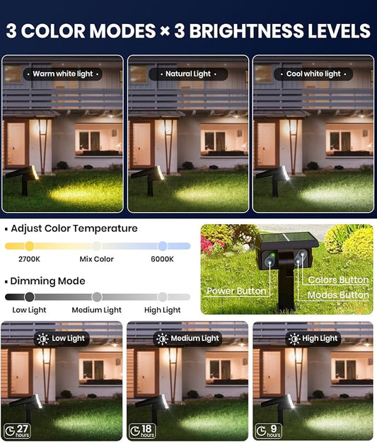 2-Pack Solar Lights Outdoor Waterproof IP67, 3 Color Modes (Warm/Cool White & Hybrid) with 3 Lighting Modes, 105° Adjustable Dusk to Dawn Solar Spotlights for Pathway/Garden/Yard Wall/Ground Lighting