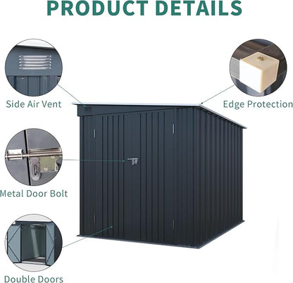 PVWIIK 6x8 FT Metal Motorcycle Outdoor Storage Shed, Heavy Duty Waterproof Steel Garden Tool Shed with Lockable Doors, Free PC Light Board for Tools, Bikes & Patio, Carbon Black