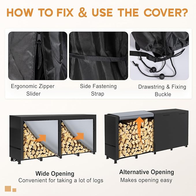 8ft Firewood Rack Outdoor with Waterproof Widened Cover, Heavy Duty Firewood Holder Included Supporting Strap, Powder-coated Wood Rack for Firewood Storage