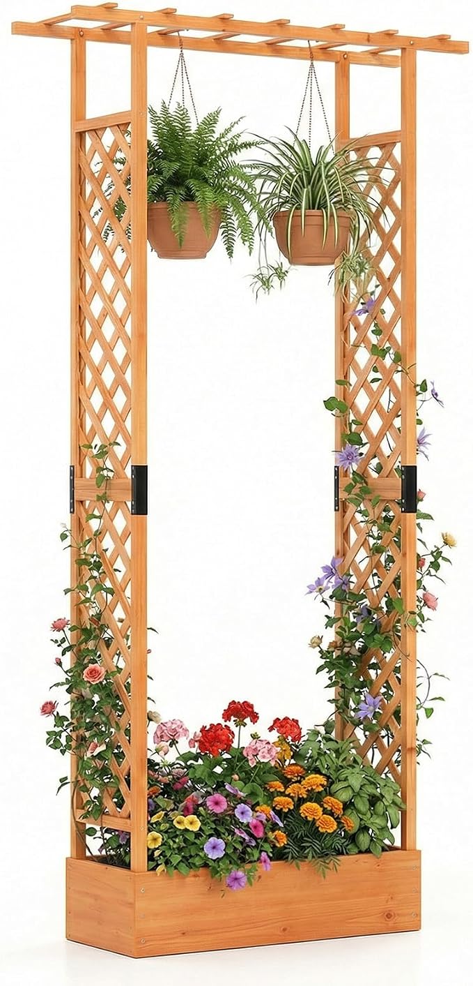 Giantex Wooden Raised Garden Bed with Trellis & Hanging Roof, Fir Wood Planter Box, 89” Freestanding Elevated Garden Bed for Outdoor Climbing Plants Vegetables Flowers, Patio & Balcony, Orange