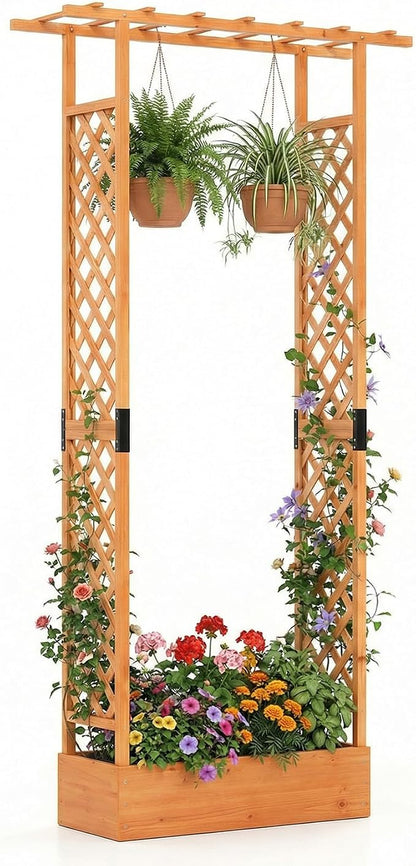 Giantex Wooden Raised Garden Bed with Trellis & Hanging Roof, Fir Wood Planter Box, 89” Freestanding Elevated Garden Bed for Outdoor Climbing Plants Vegetables Flowers, Patio & Balcony, Orange