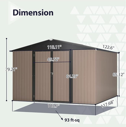 YOPTO 10 x 10 FT Outdoor Storage Shed,Heavy Duty Tool Sheds Metal Storage Garden Shed with Sloped Roof and Lockable Doors,Large Metal Storage Sheds for Backyard Patio Lawn, Brow