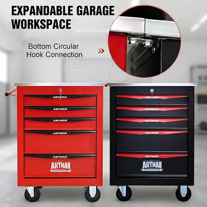 5-Drawer Rolling Tool Chest, Lockable Stainless Worktop for Garage, Red | Heavy Duty Metal Tool Cabinet with Drawers on Wheels for Warehouse and Workshop Storage