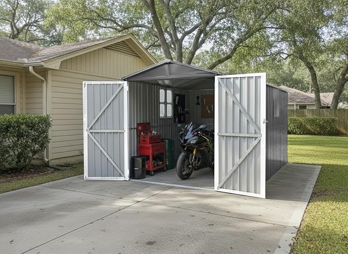 Outdoor Metal Storage Shed with Window,10x6.64 FT Motorcycle Storage Shed, Waterproof Heavy Duty Outdoor Storage for Garden Tools Sports Equipment,No Tracks & Fixtures,Grey+White