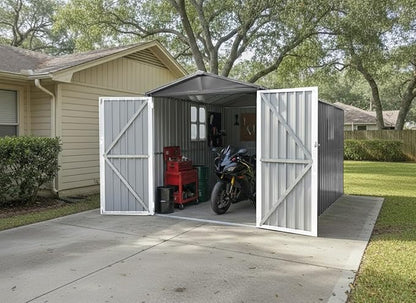 Outdoor Metal Storage Shed with Window,10x6.64 FT Motorcycle Storage Shed, Waterproof Heavy Duty Outdoor Storage for Garden Tools Sports Equipment,No Tracks & Fixtures,Grey+White