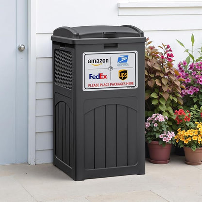 Greesum 33 Package Delivery Box for Outside, Patio Waterproof Resin Garbage Bin with Lid for Hideaway, Deck, Patio, Gray