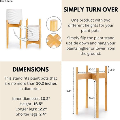 Fox & Fern Mid Century Tall Plant Stand — 10 Inch Fixed Size Raised Bamboo Plant Stand for Indoor Pots (Not Included) - Modern Flower Pot Holder with Plug In Design - Easy to Assemble - Bamboo