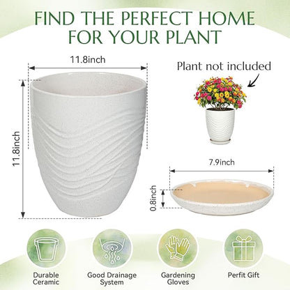 11.8 Inch Flower Pots for Indoor Plants,Ceramic Planter with Saucer Drainage Leak-Proof Mesh Gardening Gloves (Water-Ripple White)
