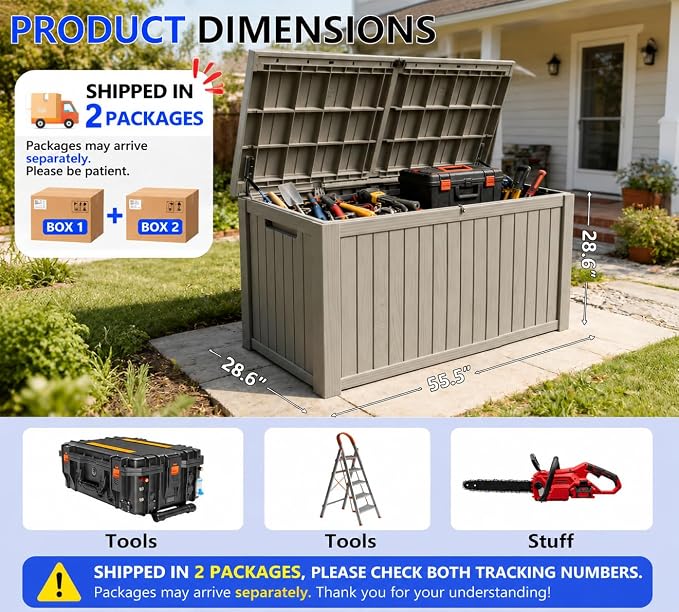 200 Gallon Outdoor Storage Box Resin Deck Box All Weather Waterproof Large Lockable Storage Container Deck Box for Patio Furniture, Garden Tools, Lockable, Gray