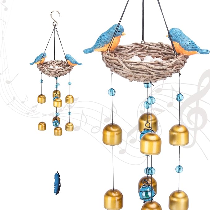 Taman Blue Bird Wind Chime - 27.5" Wind Bell Valentine's Day Gift for Outside Indoor Resin Decorative Metal Bronze Mobile Wind Chime Memorial Sympathy Gift for Home, Outdoor, Yard, Patio,Garden Decor