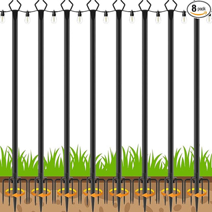 AILBTON 10Ft String Light Poles 8 Pack,Light Poles for Outside Lights,Outdoor with Fence Brackets Hanging Lights,Metal Stand Deck Patio Backyard