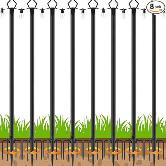 AILBTON 10Ft String Light Poles 8 Pack,Light Poles for Outside Lights,Outdoor with Fence Brackets Hanging Lights,Metal Stand Deck Patio Backyard