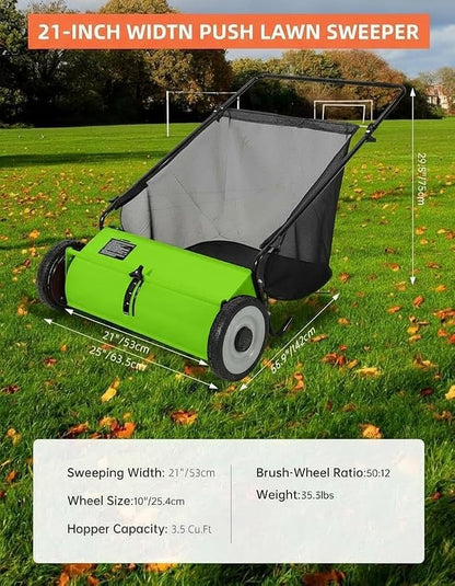GarveeLife 21 Inch Push Lawn Sweeper with 4 Spinning Brushes, 3.5 Cu.ft Large Capacity Leaf Collector, Adjustable Height Grass Sweeper, All Terrain Lawn Leaf Debris Removal Tool for Yard Garden Patio