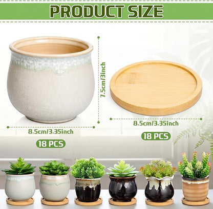 Remerry 18 Pcs Small Succulent Pots Bulk with Drainage 3.5 Inch Assorted Mini Ceramic Succulent Planters Pot with Coaster Bamboo Plant Tray Planting Pots for Home Office Garden