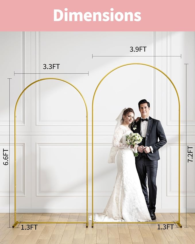 Pureegg Metal Arch Backdrop Stand Set - Set of 2 (7.2ft/6.6ft), Gold Wedding Stand with Stable Base, Elegant Backdrop Cover for Party, Birthday, Baby Shower, Graduation, Easy to Assemble
