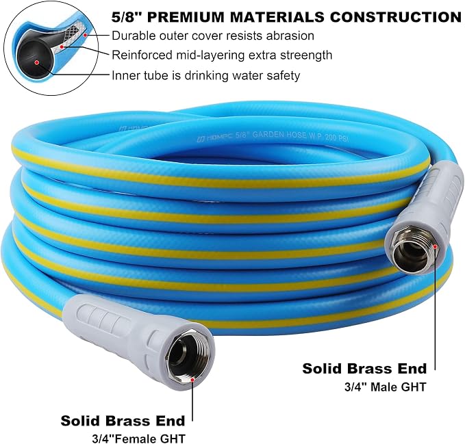 HQMPC Hose Garden Hose With 5/8 in. x 50 ft., Water Hose For Garden Lawn Watering Heavy Duty Durable Material Water Hose Solid Brass Fittings With Nozzle (BLUE)