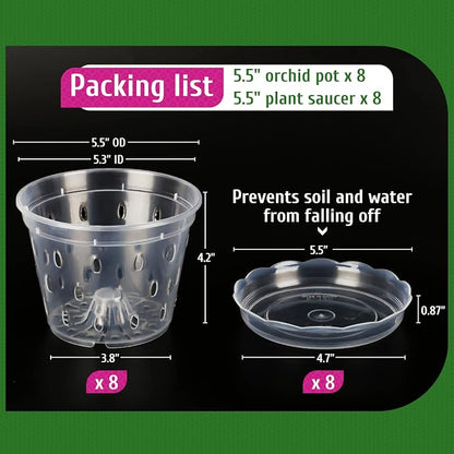 REMIAWY Orchid Pot, 8 Pack Orchid Pots with Holes and Saucers, 5.5 Inch Clear Plastic Flower Planters for Repotting Indoor Outdoor, Breathable Slotted Nursery Planter