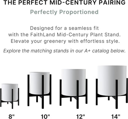 FaithLand 12 Inch Fiberstone Planter - Lightweight Modern Cylinder Plant Pot with Drainage Hole & Plug, Indoor Outdoor Use, Matte White