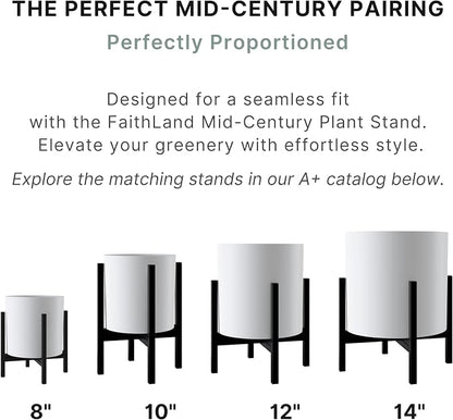 FaithLand 8 Inch Fiberstone Planter - Lightweight Modern Cylinder Plant Pot with Drainage Hole & Plug, Indoor Outdoor Use, Matte White