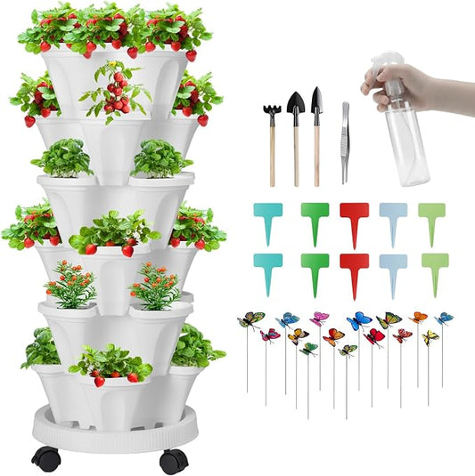 GameXcel Vertical Planter, 6 Tier Stackable Strawberry Planter with Garden Tool Set, Movable Indoor/Outdoor Garden Herb Pot for Growing Vegetables and Succulents, White